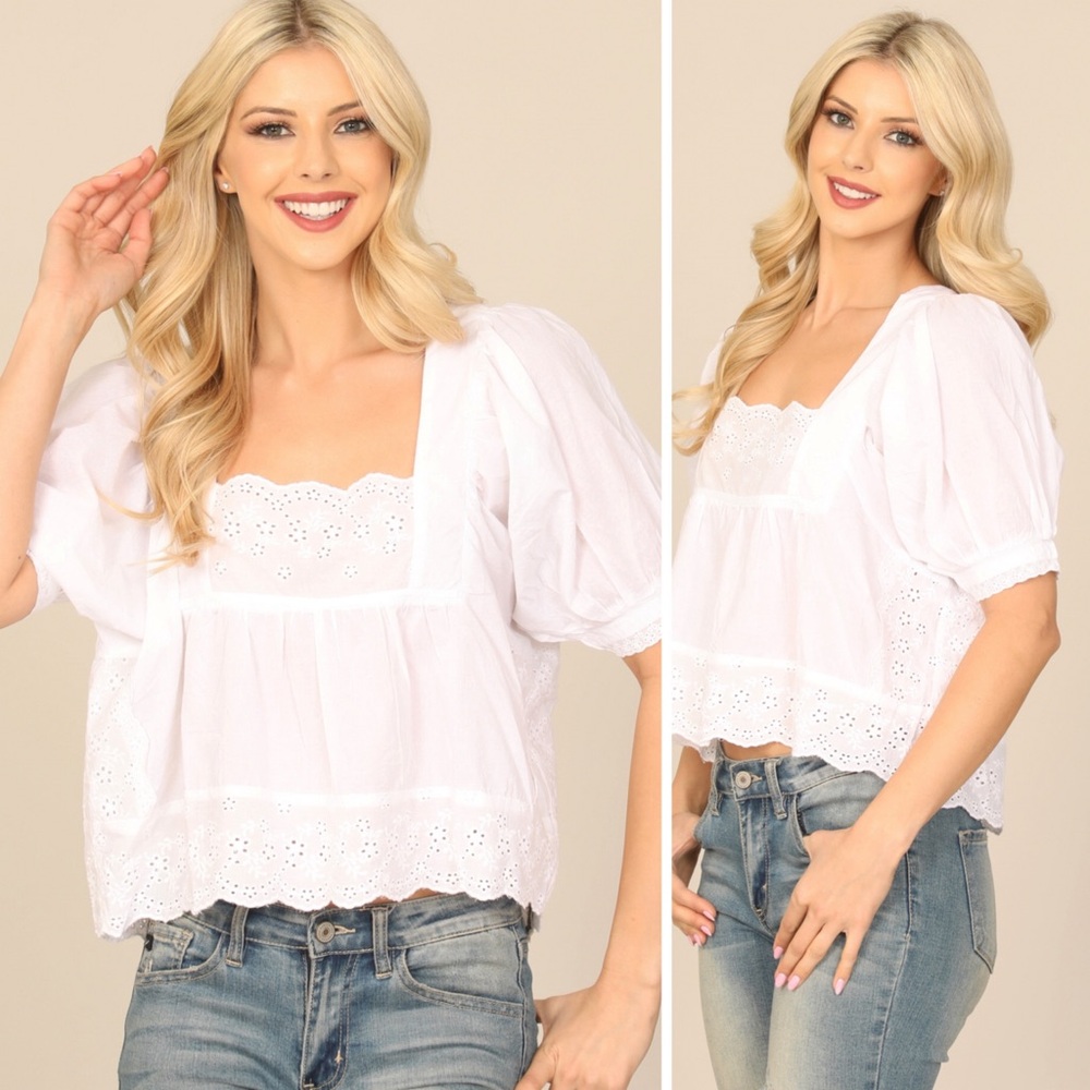 White Eyelet Square-Neck Peasant Blouse - Picture 4 of 5